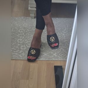 Valentino Black Slide Sandals with Gold Accent